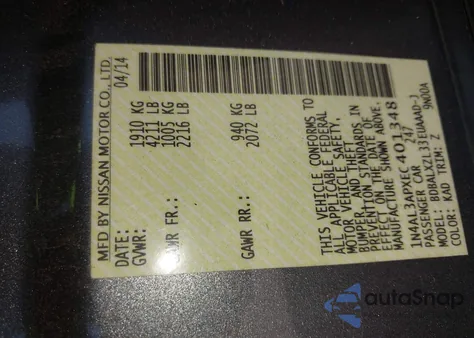 2014 Nissan Altima 2.5 Sl z USA, uszkodzony, nr VIN 1N4AL3APXEC401348